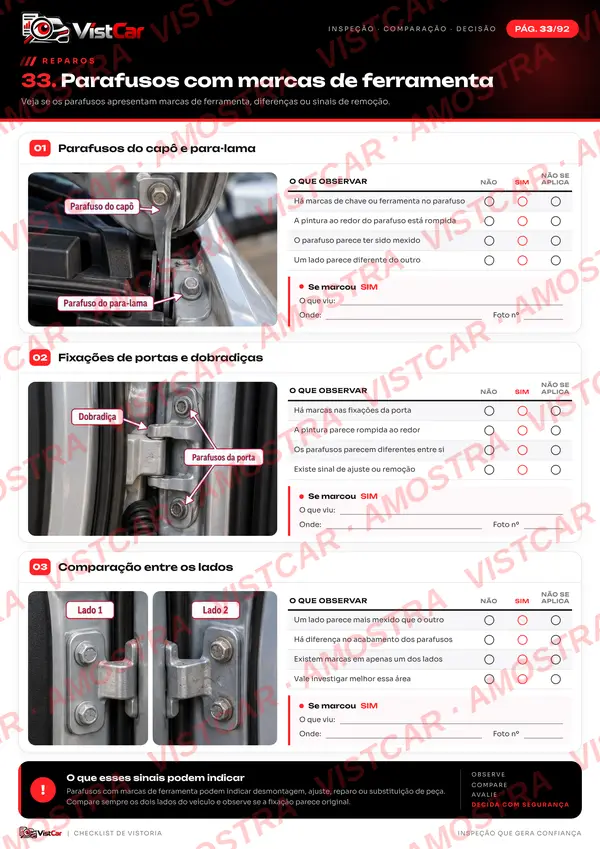 Checklist de parafusos com marcas de ferramenta
